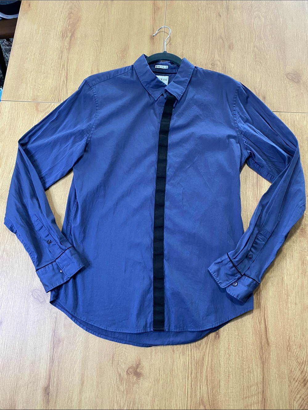 Guess Men's Grayish Blue Dress Shirt with Black Placket